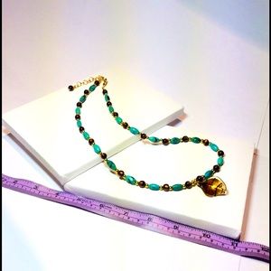Leaf Pendant with Turquoise & Wood Beads Necklace